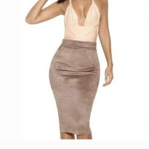 House of CB Giuditta Taupe Suedette Pencil Skirt Size S